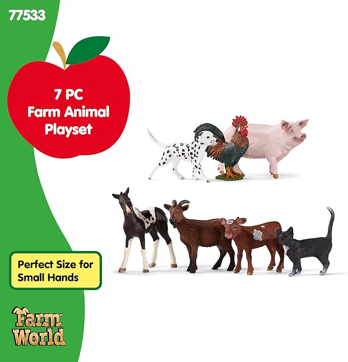 Schleich Farm World - 7 PC Farm Animal Playset with Dog, Cat, Pig, Goat, Rooster, Baby Horse and Cow Toys - Realistic Barnyard Figurines - Fun Educational Figures For Kids and Toddlers Ages 3+ | 77533