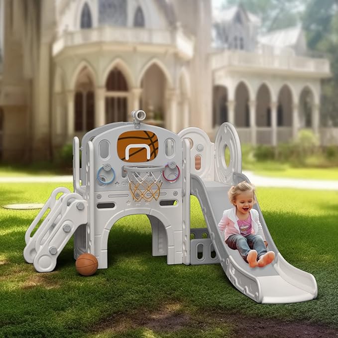 YUFU 9 in 1 Toddler Slide Set, Kids Slide for Toddlers Age 1-3, Toddler Playset with Basketball Hoop and Ball, Outdoor Indoor Playground for Toddlers 1-3 (Beige+Gray)