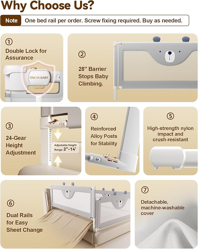 Baby Bed Rail Guard for Toddlers, Reinforced 74.8in Toddler Bed Rails for Twin, Full, King Bed with Height Adjustable, Extral Tall Child Safety Side Railing Guards/Bedrail for Kids, Grey Bear, 1 Side
