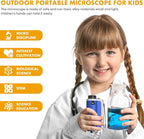 Portable Handheld Mini Microscope for Kids, 100x-250x Zoom with LED Lights, Alloy Pocket Microscope for Boys & Girls, Educational Science Kit (Blue)