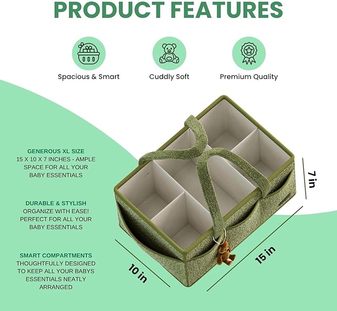 Large Diaper Caddy Organizer with Dividers - Baby Basket for Nursery and Changing Table - Portable Storage with Strong Handles for Diapers, Wipes and Newborn Essentials