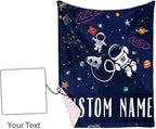 Custom Name Baby Blanket – Plush Flannel Receiving Swaddle with Double-Layer Dotted Backing – Astronauts and Blue Space Theme for Infants and Toddlers
