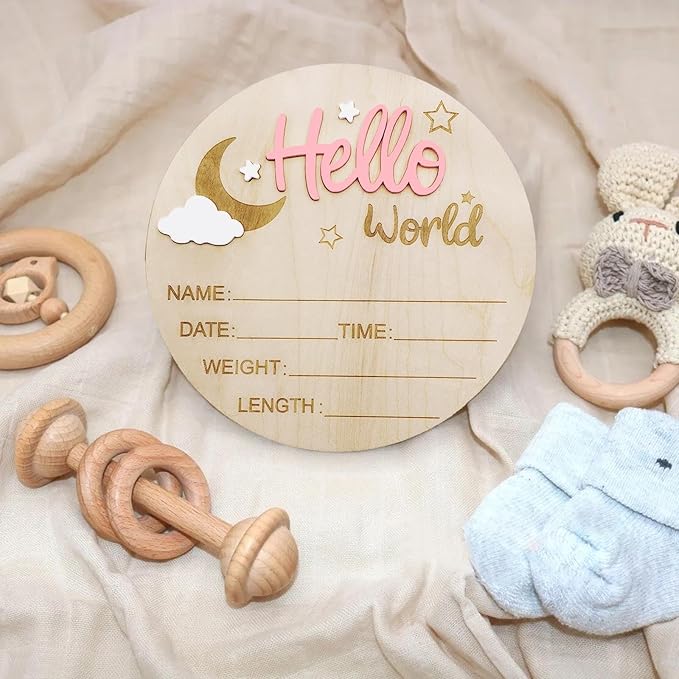 Baby Announcement Sign, 5.9 Inch Wooden Hello World Newborn Signs, Birth Announcement Sign and Pen, Moon and White Cloud Decoration, Welcome Newborn Arrival to World, Hospital Nursery for baby (Pink)