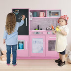 HONEY JOY Pink Kids Kitchen Playset, Wooden Little Chef Pretend Toy Kitchen Set w/Chalkboard, Telephone, Utensils, Oven, Microwave, Sink, Play Kitchen for Toddlers, Gift for Boys Girls, Pink