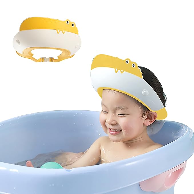 Baby Shower Cap Shield, Shower Cap for Kids, Visor Hat for Eye and Ear Protection for 0-9 Years Old Children,Cute Dinosaur/Crocodile/Hippo shape Makes the Baby Bath More Fun (Crocodile, Yellow)