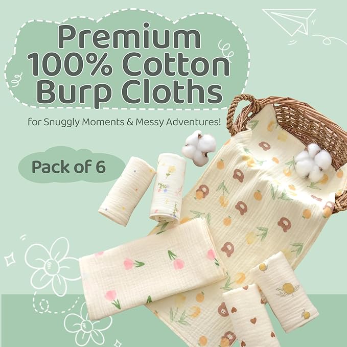 MUKIN Baby Muslin Washcloths and Burp Cloths, Floral Pattern Cotton Face Towels, Burping Cloths for Newborn,6-Pack,10x20 inches