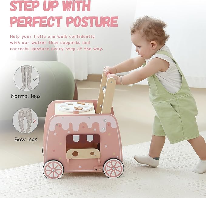Wooden Baby Walker, Multifunctional Ice Cream Cart Activity Toy for Learning to Push Walk with Wheels, Pretend Playset Ideal for Toddlers, Boys and Girls Ages 18-36M