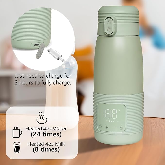 Portable Bottle Warmer for Travel - Super Fast Charging & 5-Min Heating for Breast Milk, Formula & Water, 17oz Large Capacity, Baby Flask for Vehicle Car Airplane Journey (500ML)