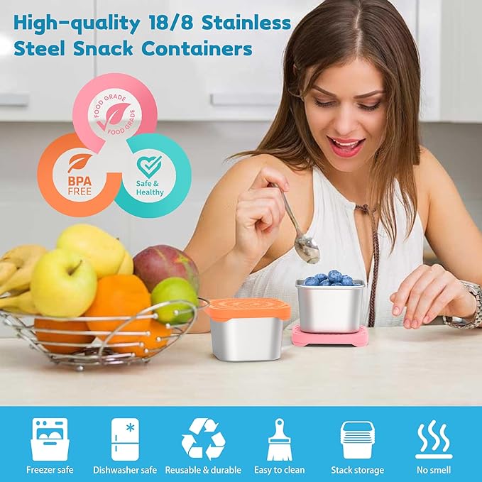 6 Pack 6oz Stainless Steel Snack Containers, Easy Open Leak Proof Stainless Steel Food Storage Containers with Silicone Lids, Small Metal Lunch Box Container for Office, Travel