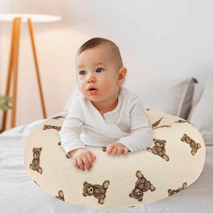 SWESEN Muslin Nursing Pillow Cover, Soft Removable Cover for Breastfeeding Pillows, Pillow Slipcover for Baby Boys and Girls, Comfortable & Breathable, Bear, Washable (Only Cover)