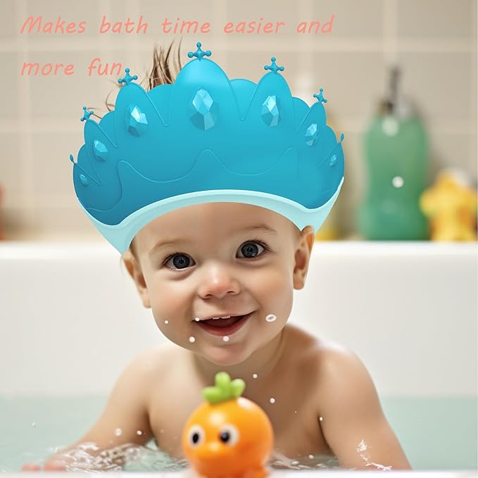 Baby Shower Cap Shield, Baby bath set shower cap, Visor Hat for Eye and Ear Protection for 0-9 Years Old Children,Cute Crown Shape Makes the Baby Bath More Fun (Blue)