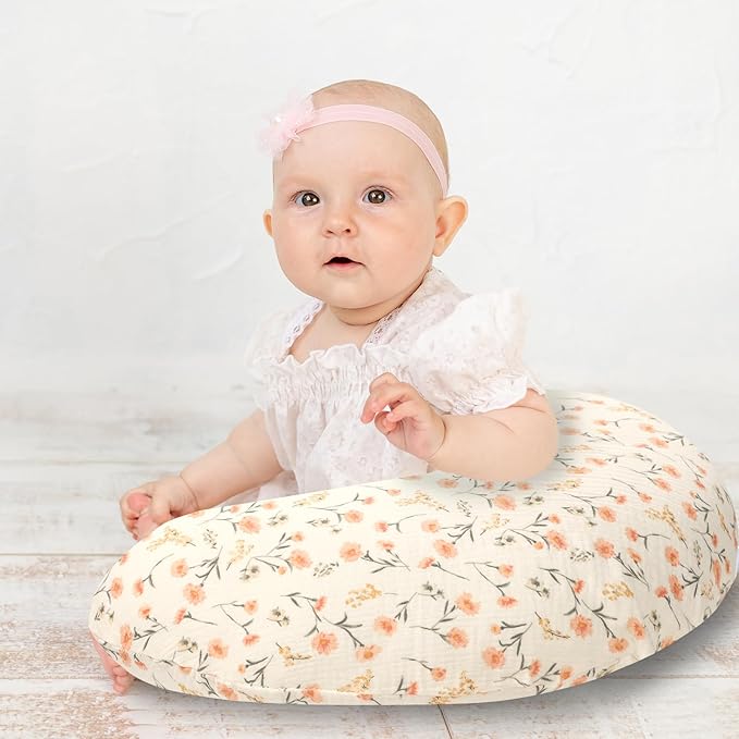 Hooyax Muslin Nursing Pillow Covers 2 Pack, Soft and Breathable Nursing Covers for Breastfeeding Pillows, Adorable Infant Feeding Pillow slipcover for Baby Boy and Girls (Pink Floral)