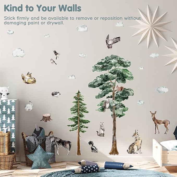 Large Woodland Animal Creature Wall Decals Peel and Stick Vinyl 52in Forest Pine Tree Animal Wall Decals Watercolor Jungle Safari Animal Wall Stickers Decor for Nursery Kids Room Toddler Baby Bedroom