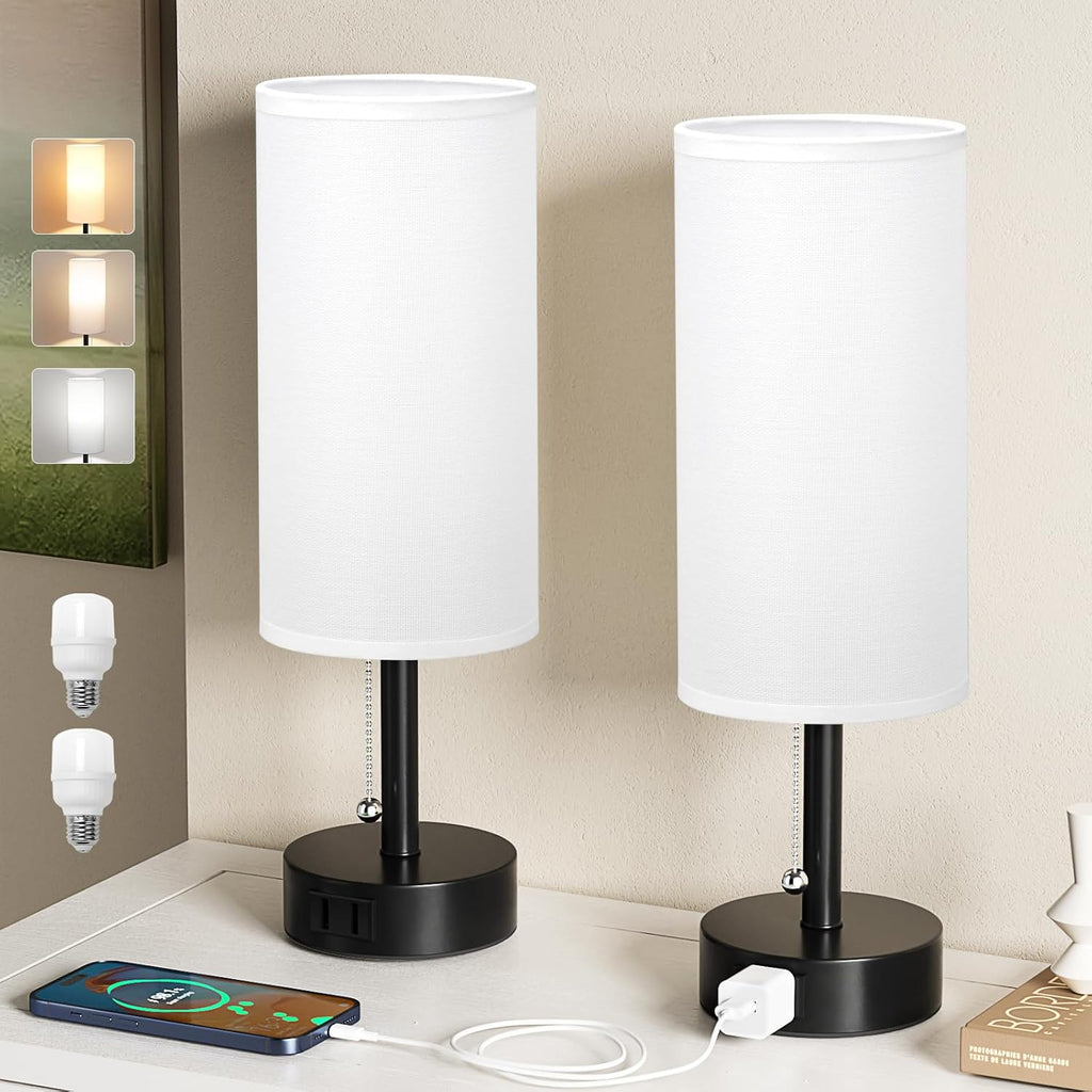 White Bedside Table Lamps Set of 2-3 Color Temperatures Pull Chain Lamp with AC Outlet Charging Port, Round Night Stand Lamps for Bedroom Office, Small Bed Side Light with E26 LED Bulbs