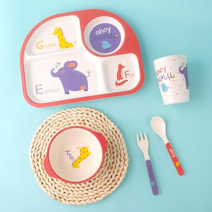 Kids Feeding Set 5 Pcs, Tableware Set for Toddlers Includes Plate Bowl Cup Fork and Spoon Utensil Flatware, Kids Flatware Set Dishwasher Safe, BPA Free (Animalworld)