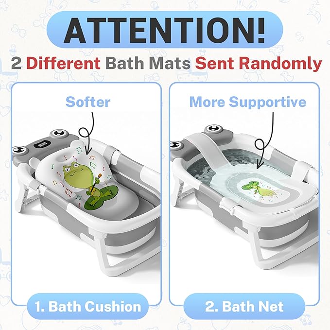Baby Bathtub, Collapsible Newborn Bathtub for Infant to Toddler 0-24 Months with Soft Cushion and Thermometer,Portable Travel Newborn Tub with No-Slip Feet, Baby Shower Gifts,Grey
