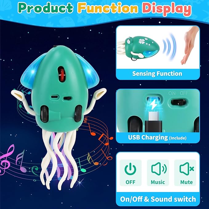 USB Rechargeable Dancing Octopus Baby Toy - Electric Crawling & Tummy Time Toy, Magical Musical Squid, Stress-Relief Desk Decor - Birthday for Kids Ages 1 2 3 4 5 6, Boys (Green)