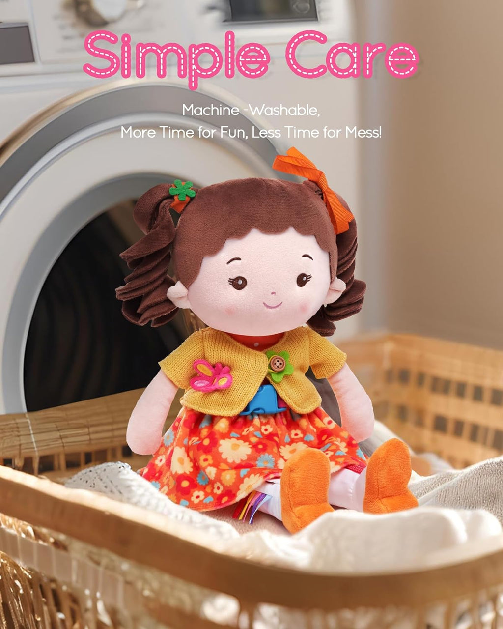 Learning Sensory Doll for Toddlers, Montessori Toys for 2-Year-Old Girls Christmas, Birthday Gifts, Plush Doll with Zipper, Shoelace, Button-Busy Flora Girl