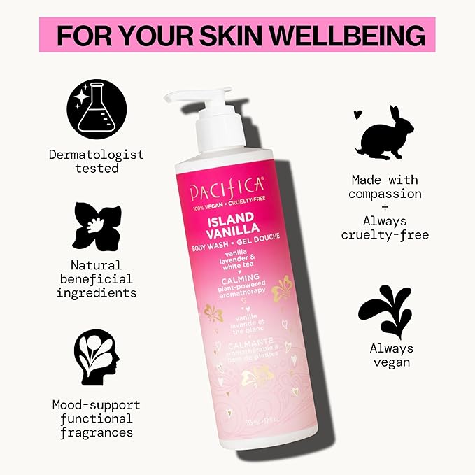 Pacifica Island Vanilla Body Wash Aloe + Hyaluronic Acid, Daily Cleansing, Bath & Shower Gel, Essential Oils, Clean, Vegan + Cruelty & Paraben Free, Clean Beauty Vegan Dermatologist Tested, 12 Fl Oz
