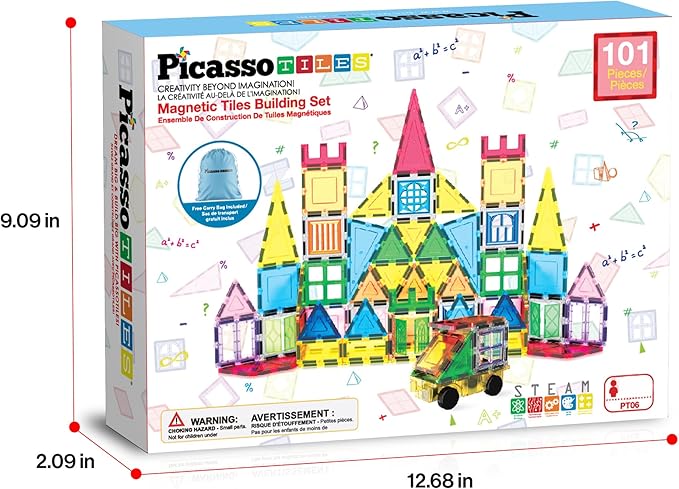 PicassoTiles 101 Piece Magnetic Tile Building Blocks Set with Durable Storage Bag STEM Educational Construction Magnet Toy Kit for Toddlers Preschool Kids Boys Girls Age 3 Plus Indoor Learning PT06