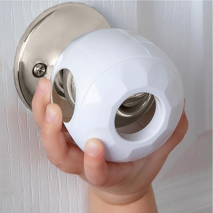 Baby Proofing Door Knob Covers 4 Pack - Easy to Install Child Safety Locks for Doors, Durable & Reusable Child Proof Door Lock, Dual-Lock & Versatile Design, Fits Round Doorknobs, White