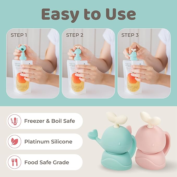 Whale SoftSip Food Pouch Topper | 2EA + Travel Case | Prevent Spills & Leakage | Protect Child Baby Toddler Mouth | Food Grade Silicone Reusable | Baby Led Weaning | BPA Free| Mint+Pink