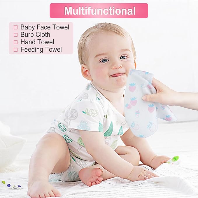 softan Baby Washcloths, 24Pack Baby Wash Cloths Extra Soft & Ultra Absorbent, Baby Towels Face Towel Unisex for Boys Girls Face & Body, Washclothes Gentle on Sensitive Skin, 9''x 9'' Strawberries