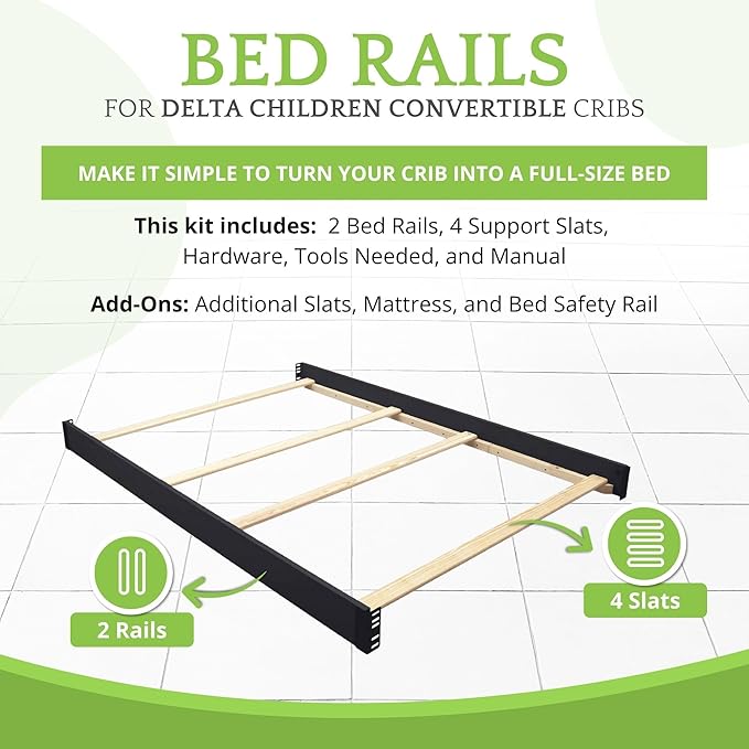 Full-Size Conversion Kit Bed Rails Compatible with Delta Children Convertible Cribs - Solid Wood Rail #0050 - Toddler & Adult Bed Rail for Full-Size Beds - Baby Furniture (Ebony - 0011)
