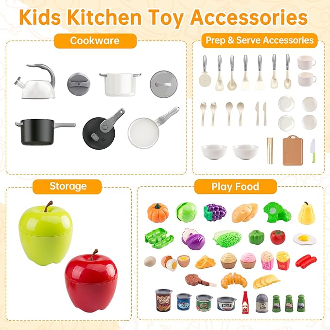 100Pcs Kitchen Playset, Kids Pretend Cooking Play Pots, Pans, Utensils, Cookware, Toy Food Fruits Veggies, with 2 Large Apple - Shaped Storage, Toddler Cooking Learning Gift (White)