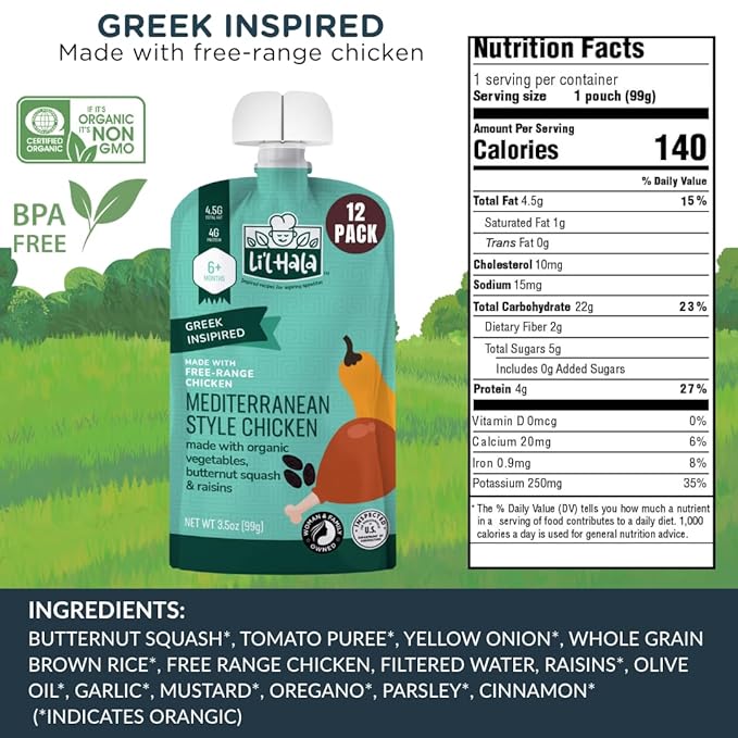 Li’l Hala Mediterranean Chicken Baby Food Pouches – Free-Range Chicken & Organic Veggies – Toddler Meals with Meat – Protein & Healthy Fats Puree – No Hormones – 6+ Months – 3.5 oz (12 Pack)