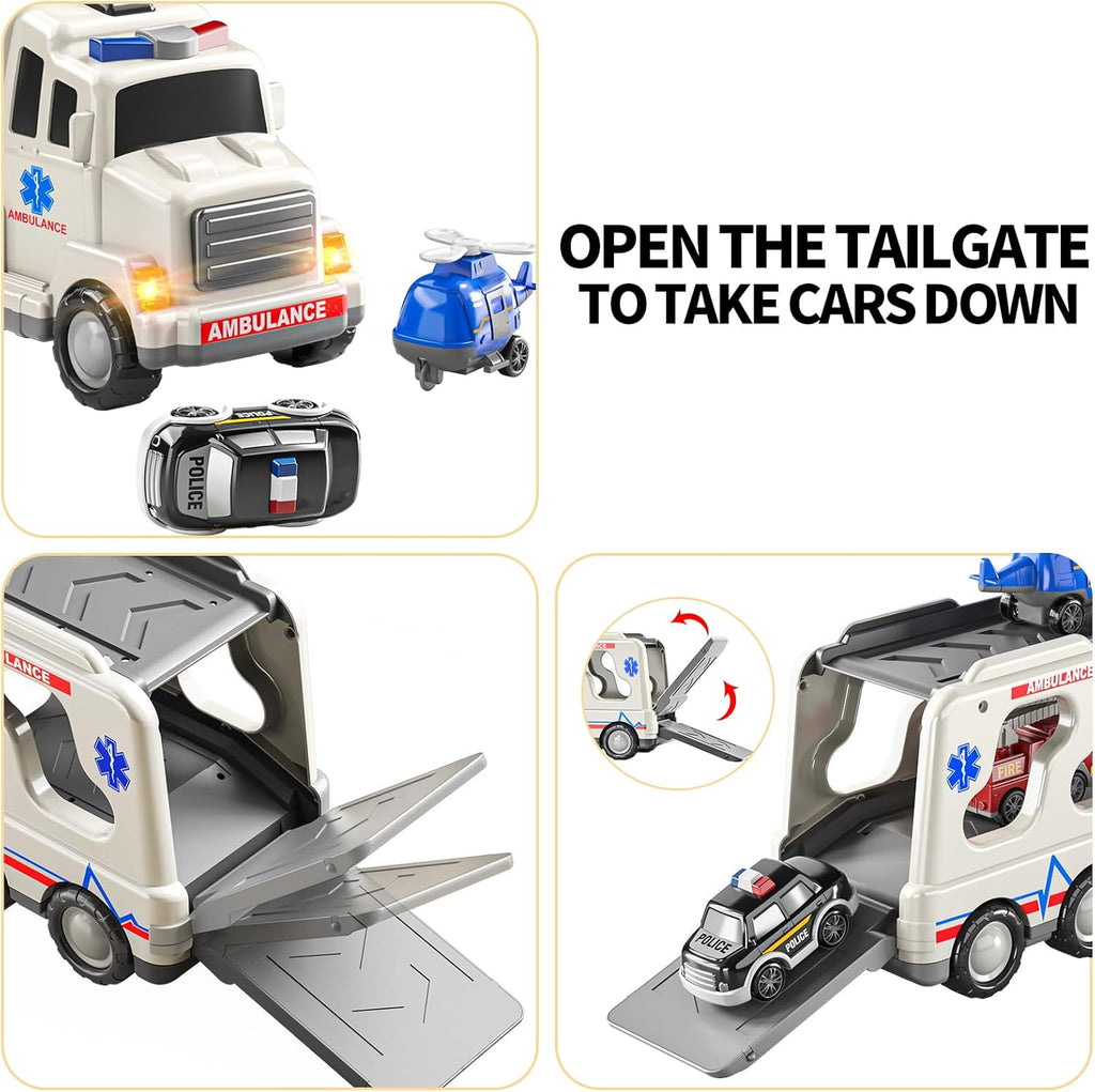 TEMI 5 Pack Ambulance Vehicle Toddler Truck Toys for 3 4 5 6 Year Old Boys, Friction Powered Cars with Toy Helicopter, Police Car, Fire Truck, Ambulance Car, Birthday Gifts for Girls Age 3-9