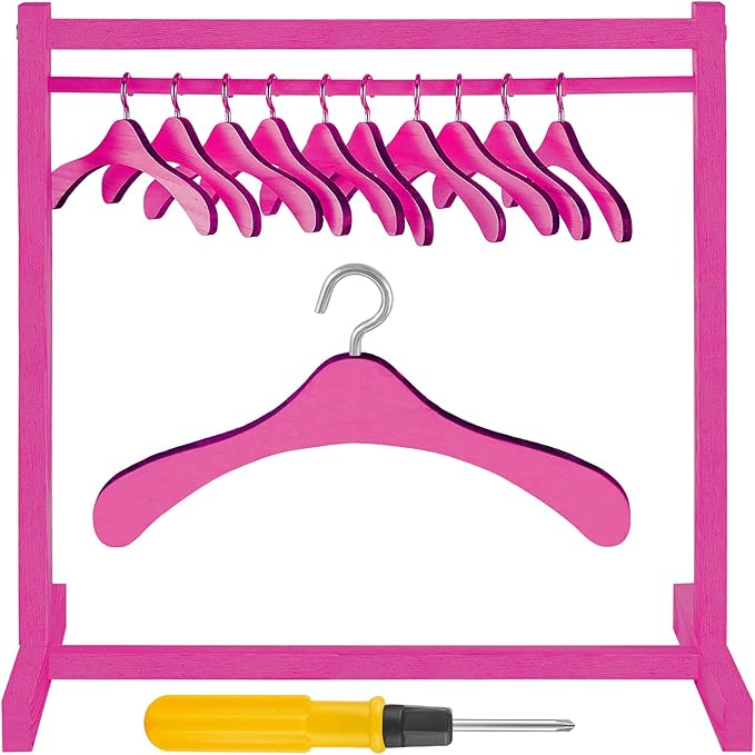 Civaner 11 Pcs Doll Garment Rack with Wooden Clothes Hanger for 18 Inch Girl Doll Clothes Mini Hangers Wardrobe Furniture Accessories for Dollhouse Baby Shower Supplies (Rose Pink)