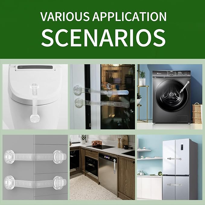 Baby Proof Cabinet Locks, Safe Quick and Easy Transparent Drawer Door Latches, Adjustable No Drilling Child Safety Cabinet Straps for Fridge, Oven, Dishwasher, Toilet Seat (L, Count, 9)