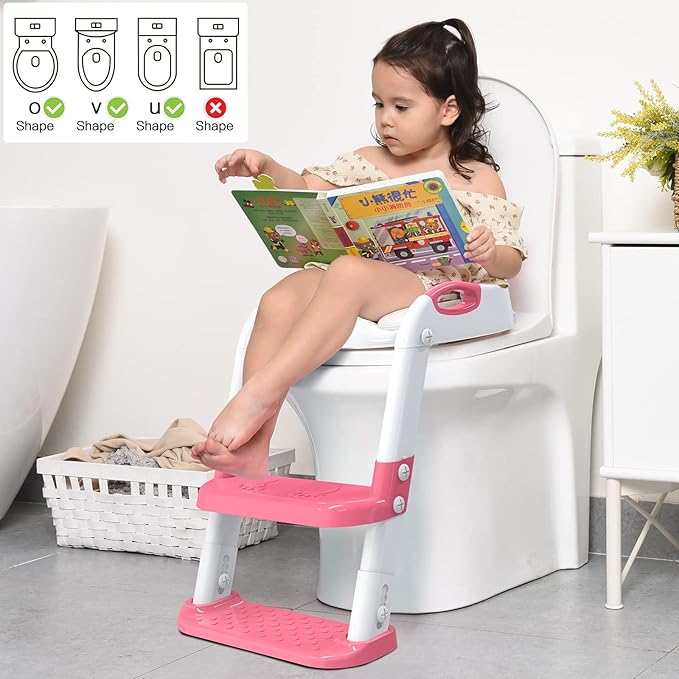 Toilet Potty Training Seat with Step Stool Ladder, SKYROKU Toddler Potty Seat for Kids and Toddler Boys Girls, Splash Guard and Safety Handles(Hot Pink)