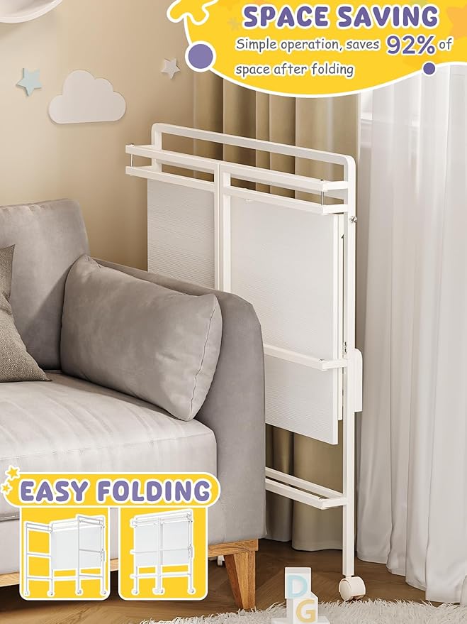 VBABY Foldable Baby Changing Table with Wheels, Certified Diaper Changing Station with Storage Drawers, 3 in 1 Portable Compact Diaper Table for Nursery, White