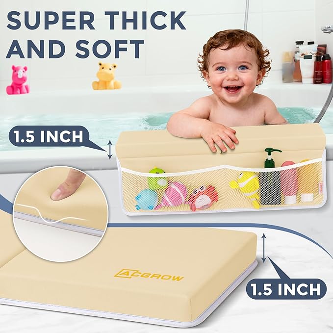 Bath Kneeler and Elbow Rest Pad Set - Comfortable 1.5” Thick Baby Bath Kneeler Pads with Toys Organizer, Non-Slip Knee Arm Support Bathtub Mat, Quick-Drying Kneeling Pad for Baby Bath Time