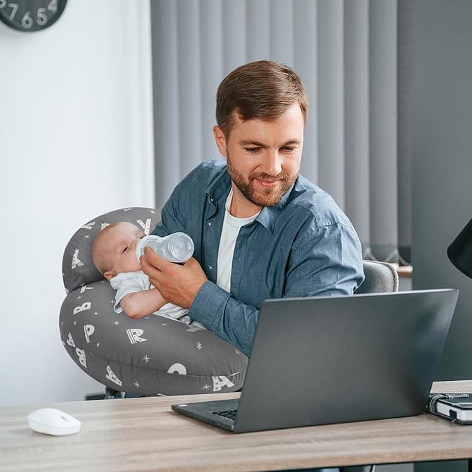 Plus Size Breastfeeding Pillow for Ergonomic Comfort & Support, Easier Nursing, Fit, Removable Cover, Machine Washable, Letter Pattern(Grey)