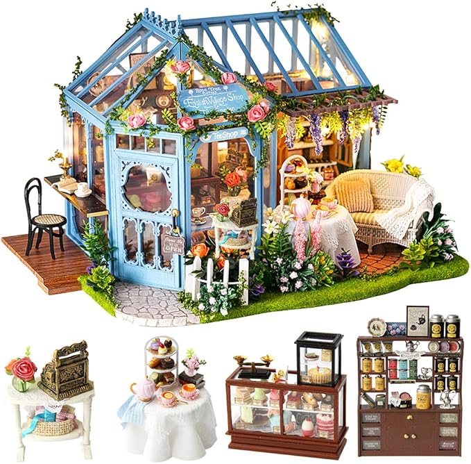 CUTEBEE Dollhouse Miniature House with Furniture, DIY Dollhouse Kit with Dust Proof, Music Movement, 1:24 Scale Creative Room for Gift for Family and Friends (Rose Garden Tea House)