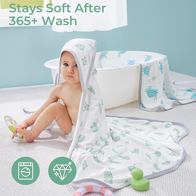 Momcozy Baby Towel with Hooded-Original Design Baby Towel Set -Soft & Absorbent- Shower Gifts or Bath Essential for Infant, Newborn, Toddler, Marine Sea Turtle Shells Magic