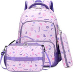 mygreen 3PCS Kids Backpack Set - Waterproof Bookbag with Lunch Box for Girls Ages 3-12, Adorable Cartoon Prints for School & Outdoor Use Purple