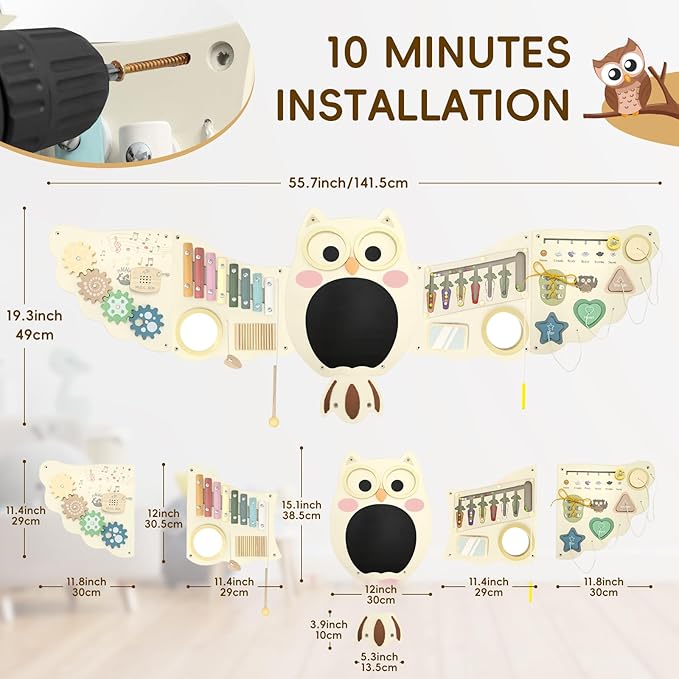 Owl Activity Wall Busy Board Panels, Montessori Sensory Toys, Toddler Learning Activity Center,Interactive Wooden Learning Toy for Toddler Playroom & Children's Daycare