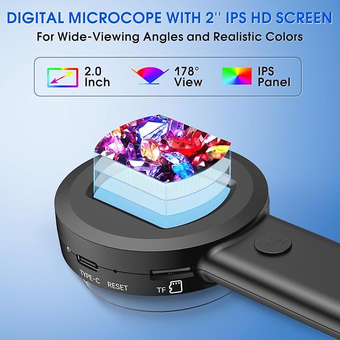 Pocket Digital Microscope for Adults Kids: 100X Handheld Magnifying Glass with Light, USB Coin Magnifier for Collector, Portable Jewelers Loupe with 2" Screen, Mini Scope for Trichome