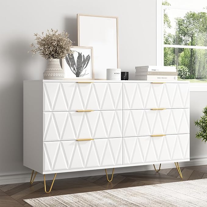 White Dresser for Bedroom,Modern 6 Drawer Dresser with Gold Handle and Leg,Wide Storage Chest of Drawers,Wood Dresser Bedroom Furniture,TV Dresser for Living Room