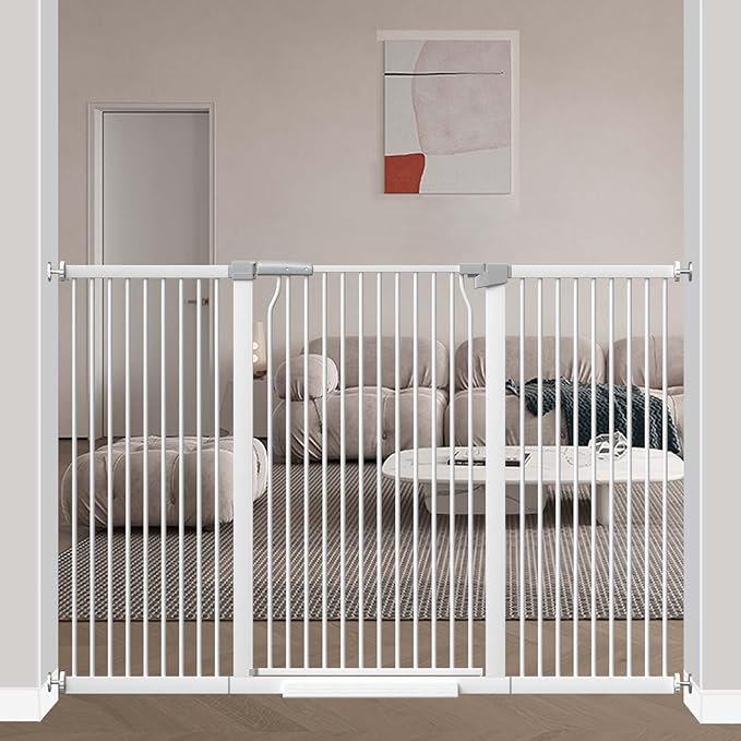 40.5" Extra Tall Baby Gate No Drill, 63"-65.7" Extra Wide Dog Pet Gate Indoor, Long Safety Child Gate, Metal Tension Auto Close No Climb Fence Pet Gate for Stairs Doorway, White