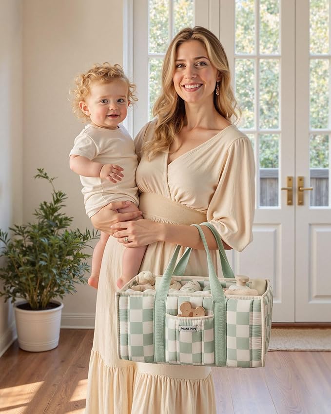 Blissful Diary Checkered Diaper Caddy Organizer, Stylish Nursery Storage Basket, Gift for Baby Shower, Newborn Essentials, Registry Search Must Haves, Sage Green