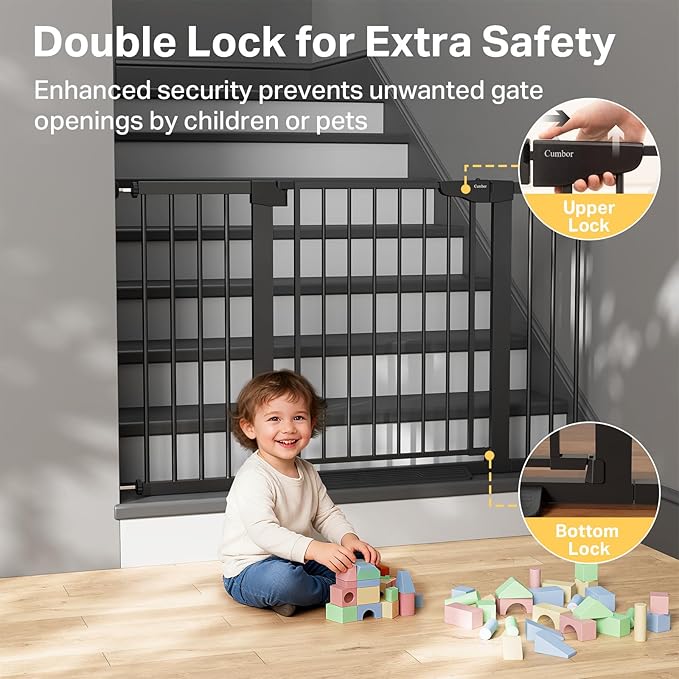 Cumbor 29.7"–51.5" Extra Wide Baby Gate for Stairs, Pressure-Mounted Dog Gates for Doorways & Hallways, Auto-Close Walk-Through, No-Trip Design, Child Proof Safety, Dog/Pet Gate for Indoor Use, Black