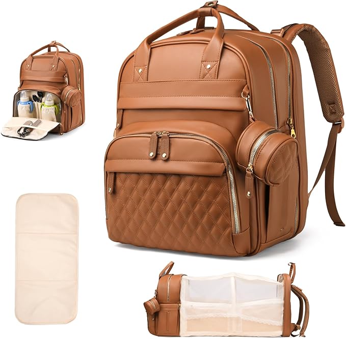 Diaper Bag Backpack, Multifunction Waterproof Diaper Bag for Baby, with Diaper Changing Station, Newborn Essentials Must Haves, Baby Portable Bag, Unisex, Brown Vegan Leather
