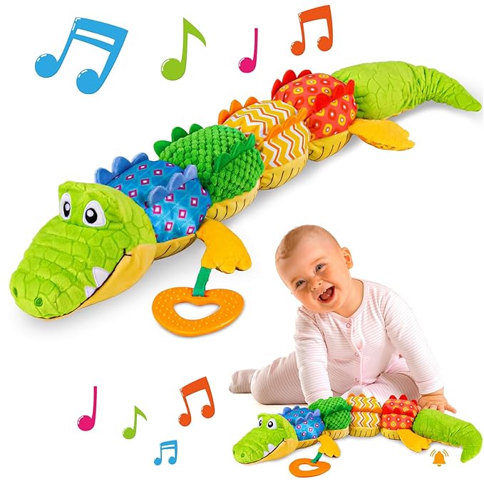 Sumobaby Infant Baby Musical Stuffed Animal Activity Soft Toys with Teether, Multi-Sensory Crinkle, Rattle and Textures, for Tummy Time Newborn 0-3-6-12 Months Boys, Girls, Crocodile (Alligator)