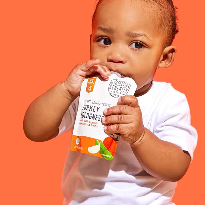 Serenity Kids 7+ Month Turkey Bolognese Bone Broth Baby Food Puree - Toddler Pouches with Organic Veggies & Free-Range Turkey - High-Protein Savory Blend, No Added Sugar & BPA-Free - 3.5 Oz, 12 Pack