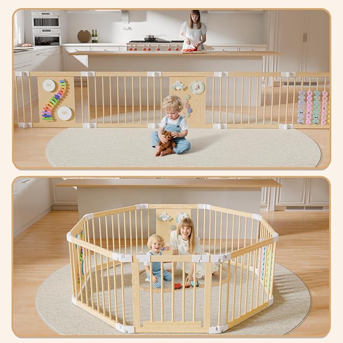 Baby Playpen - Adjustable Multi-Shape Wooden Play Yard, Portable Collapsible Activity Center with Baby Fence Play Area & Toys for Infants, Toddlers (56x84x24inch)